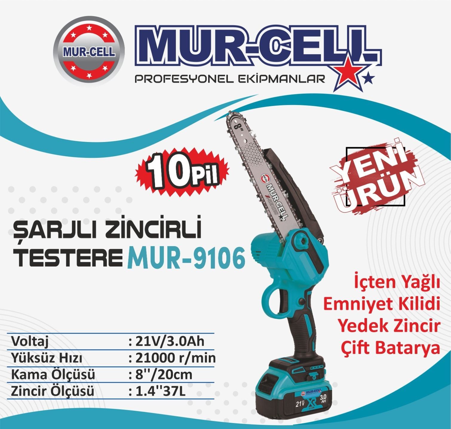 Murcell Mur-9106 Akülü Zincirli Testere 20 cm 22 diş 10 Pilli